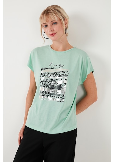 Lela Baskılı Bisiklet Yaka Regular Fit Bayan T Shirt 6671000 Mint