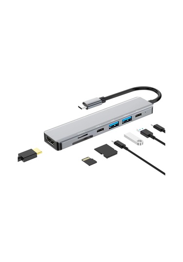 Skycity 2121 Usb-c 7-in-1 Çok Fonksiyonlu Hub - Hdmı 4k, Usb3.0, Usb2.0, Pd Şarj, Veri, Sd/tf Kart Okuyucu - Uzay Grisi