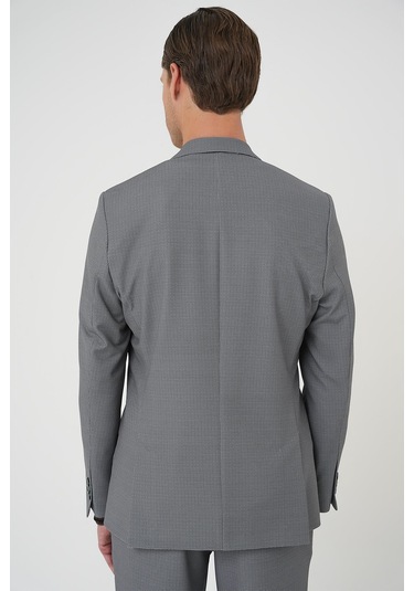 Comfort Fit Mono Yaka Çift Yırtmaç Torba Cep Kendinden Desenli Casual Siyah Ceket C 705 Siyah