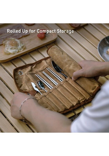 Neevoyu Mumlu Kumaş Çatal Bıçak Seti Çantası - 11 Parça Paslanmaz Çelik Kamp Ve Piknik Ekipmanı Sarı