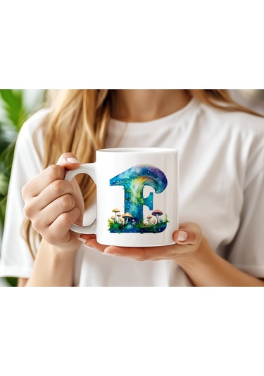 F Baş Harfi Fantastik Mantarlı Kupa Bardak - Kişiye Özel Masalsı Bardak - Hediye Beyaz