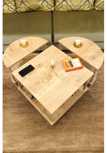 Çevir Kur 3'ü 1 Arada 2 Raflı Orta Sehpa Ve Dekoratif Yan Sehpa Gazetelikli Meşe