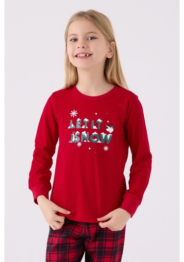 Arnetta 3105 Noel Let İt Snow Kız Çocuk Kırmızı Uzun Kol Pijama Takım Kırmızı