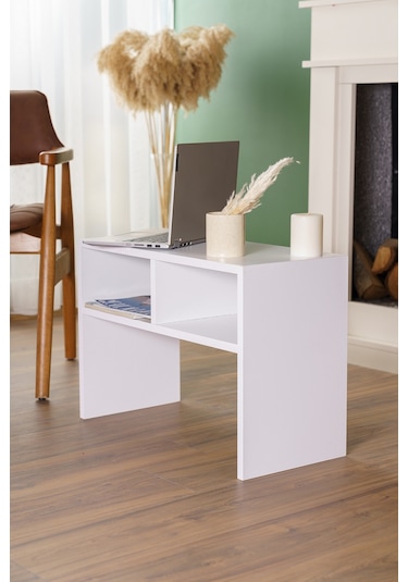 Raflı Yan Sehpa Koltuk Sehpası C Sehpa Zigon Sehpa Servis Sehpası Beyaz