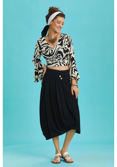 Rahat Kesim Geniş Pileli Siyah Anvelop Midi Etek Siyah