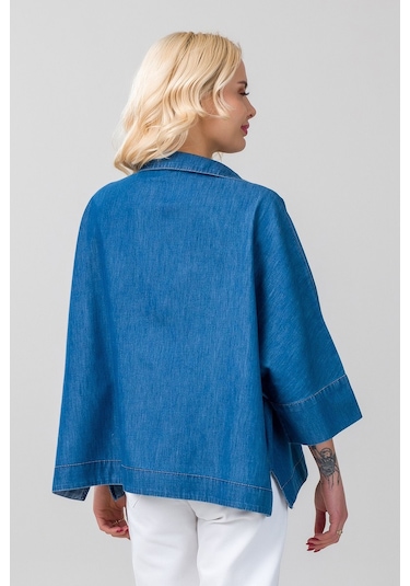 Kadın Gömlek Yakalı Yaka İndigo Mavi Kol Ucu Manşetli İnce Kot Kumaş Bluz İndigo