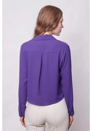 Kadın Likrasız Şık Kumaş Yakalı Uzun Kol Kısa Gömlek-eflatun Eflatun