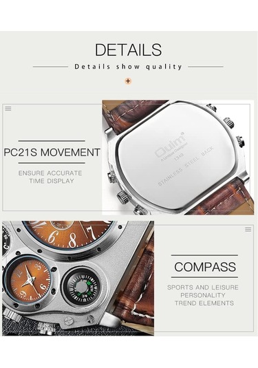 Erkek Askeri Sporlar Kuvars Bileği İzle İki Saat Dilimi Pusulası Ve Termometre Dekoratif Kadran Deri Kayış Serin Saat Kahverengi Koyu Kahverengi