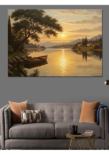 Sakin Göl Gün Batımı Dekoratif Kanvas - Mdf Ahşap Tablo