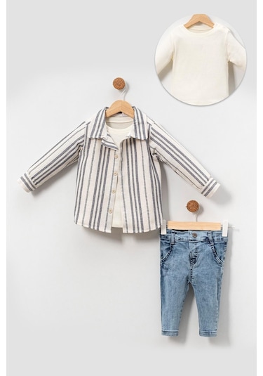 Yumuşak Doku Pamuklu Çizgi Detay Gömlekli Erkek Bebek Takım Mavi
