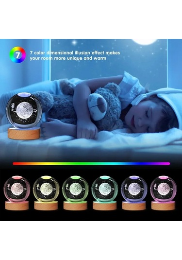 Ahşap Tabanlı 3d Kristal Noel Lambası 7 Renk Led 6cm 6 Çok Renkli