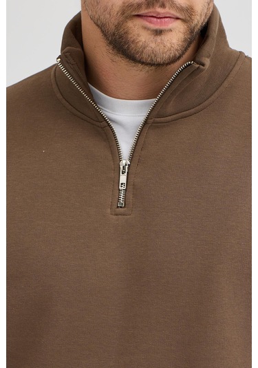 Unisex Regular Fit Rahat Kesim Pamuklu Içi Polarlı Yarım Fermuarlı Kahverengi Dik Yaka Sweatshirt Kahverengi