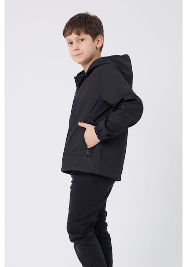 Erkek Çocuk Siyah İçi Astarlı Su Ve Rüzgar Geçirmez Kapüşonlu Çift Fermuarlı Cepli Mont Siyah