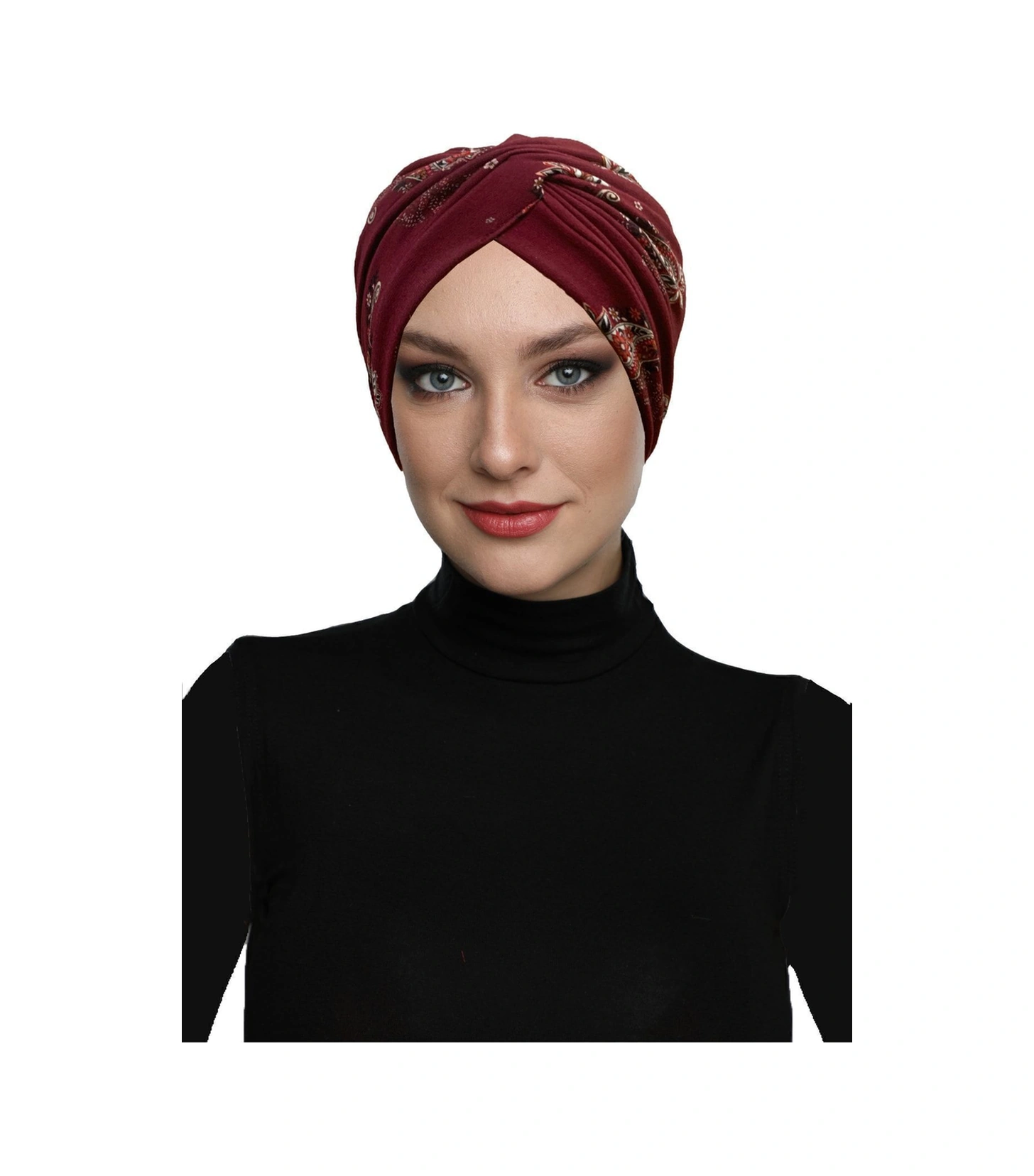 Fidan Desenli Çapraz Penye Bordo Yazma Desenli Hazır Türban Tesettür Havuz Bonesi Bordo-yazma