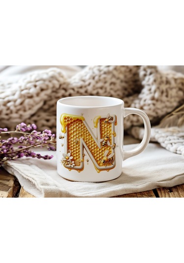 N Harfi Bal Arısı Tasarım Kupa Bardak - Bal Ve Petek Desenli Kişiye Özel Kahve Kupası - Hediyelik Beyaz