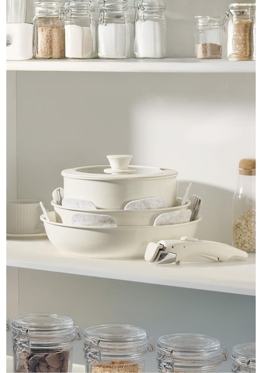 Cookpro Beige 15 Parça Ayrılabilen Saplı Iç Içe Geçebilen Indüksiyonlu Seramik Kaplama Tencere Seti Beıge Bej