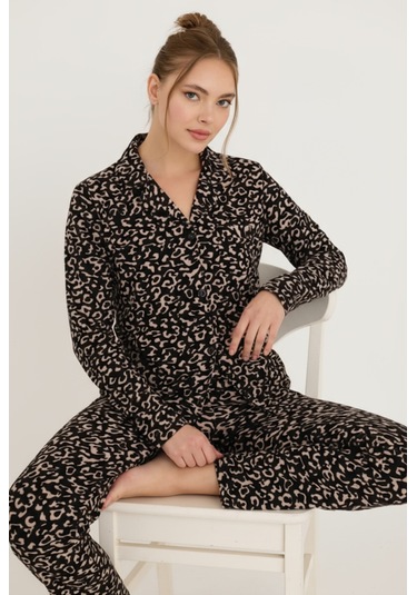 Luxury Soft Siyah Leopar Desenli Uzun Kollu Kadın Pijama Takımı 3058 Leopar2
