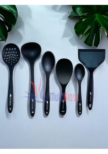 Isıya Dayanıklı Silikon Kevgir Kaşık Spatula Seti 6 Prç Siyah