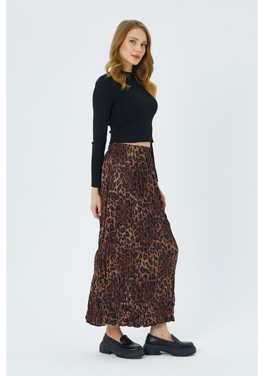 4619 Kadın Leopar Desen Kraşlı Saten Etek Kahve Kahve