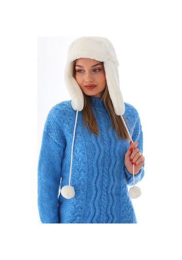 Kadın Ekru Kürklü Kulaklıklı Peluş Şapka Ekru