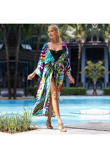 Edolynsa Yeşil Leopar Desenli Mayo Cover-up Vintage Şerit Kendinden Kemerli Kadın Yaz Uzun Kimono Elbise Plaj Bikini Cover-up Q1521 Mor