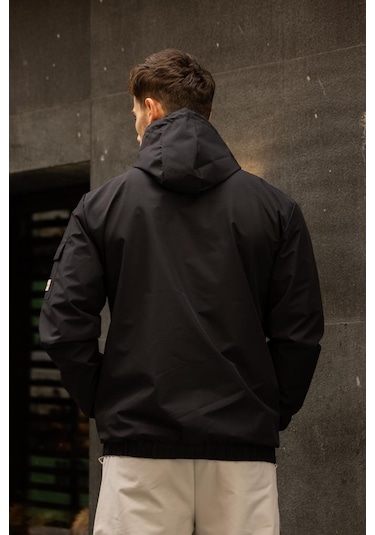 Yarn İçi Astarlı Suya Dayanıklı Kapşonlu Fermuarlı Yağmurluk - Siyah Siyah