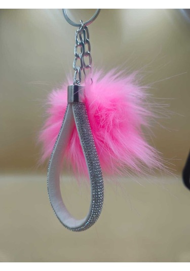 Gümüş Taşlı Tilki Tüyü Şeker Pembe Angel Anahtarlık