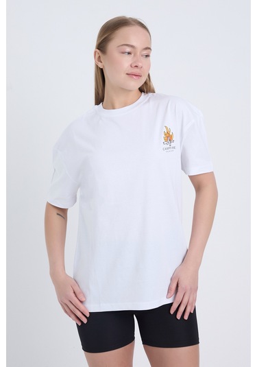 Velvoria Unisex Oversize Beyaz Campfire T-shirt