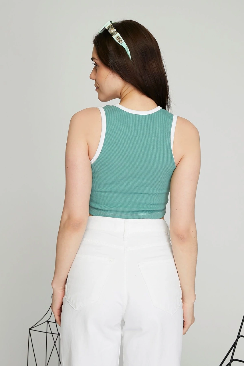 Kadın Deri Crop Ribana Kaşkorse Likralı Deri Garnili Baskılı Crop Büstiyer Deri Üzeri Baskılı Crop Mint