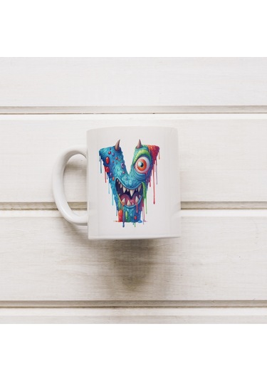 V Harfi Bardak, Sevimli Canavarlar Harflı Bardak Hediyesi Porselen Beyaz