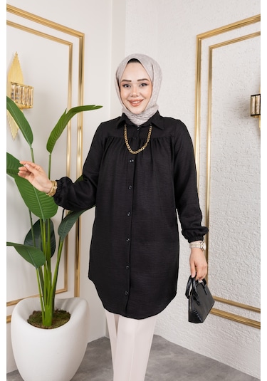 Önü Büzgülü Bilek Lastikli Tunik - Siyah / Ü104 Siyah