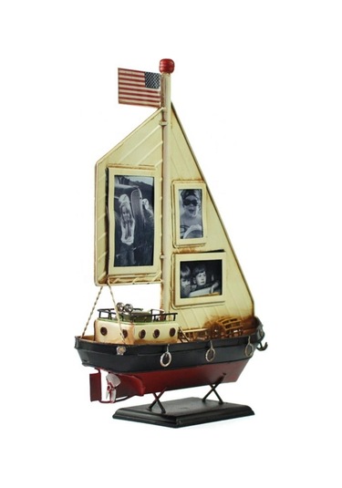 Dekoratif Resim Çerçeveli Metal Yelkenli Gemi 35cm