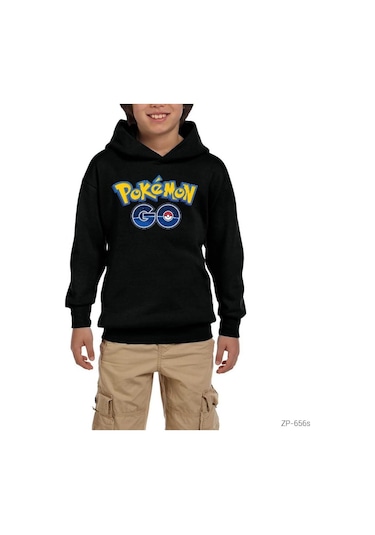 Pokemon Go Siyah Çocuk Kapşonlu Sweatshirt Siyah