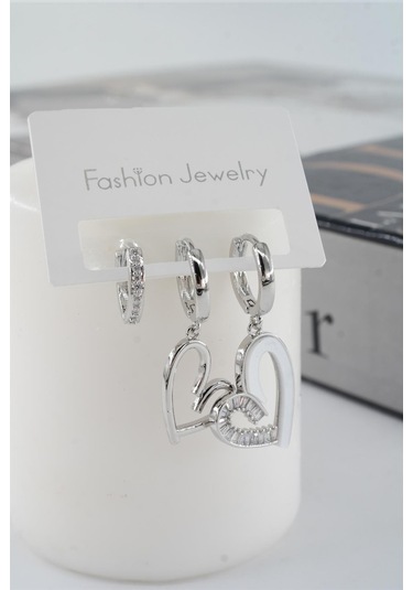 Kadın Vip Seri Zirkon Taşlı Mineli Kalp Model 3'lü Küpe Seti - Gümüş