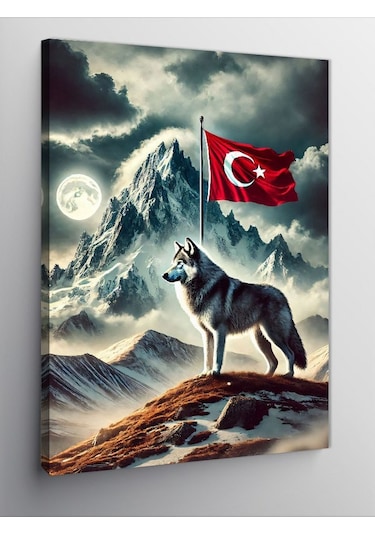 Kanvas Tablo Kurt Ve Türk Bayrağı 100cmx140cm