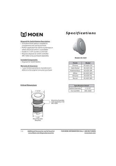Moen As-4201-nl Çöp Bertaraf Hava Anahtarı Koordinasyon Dekoratif