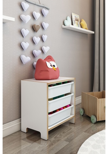 3 Sepetli Çok Amaçlı Oyuncak Dolabı Mdf Beyaz Beyaz