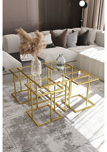 Dekoport Atlas 4+1 Kare Orta Sehpa Gold