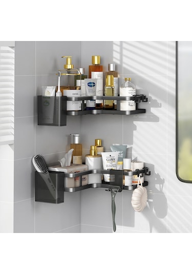 Springsun Banyo Köşe Dolabı, Duvar Üstü İki Katlı Sıralama Rafı, Delme Yok Kurulum, Rust Öğesi, Mutfak/banyo/ Balkon Depolama Çözümü Siyah Diğer