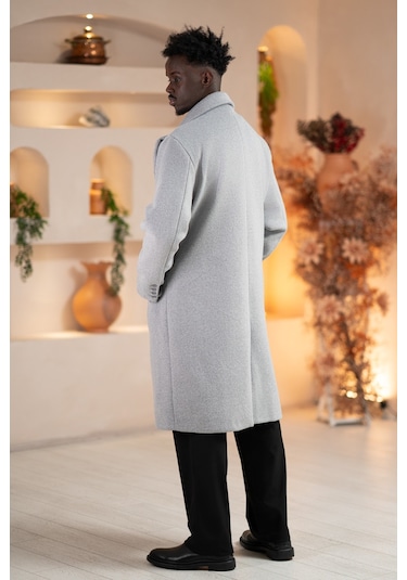 İtalyan Geniş Yaka Oversize Bol Kesim Salaş Uzun Kaban Gri
