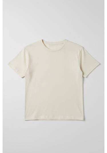 Luess Unisex Çocuk Pamuklu Bisiklet Yaka Basic Tişört 3 Yaş - 7 Yaş Ekru