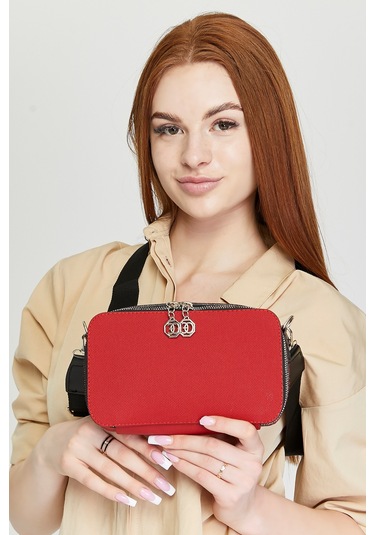 Morpelikan Kırmızı Kabartma İki Bölmeli Kadın Omuz Çantası Kırmızı