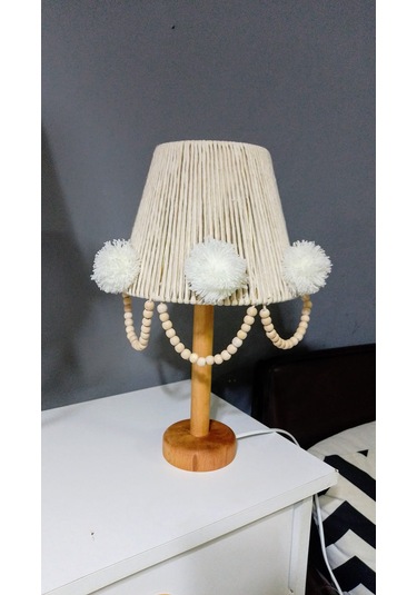 Makrome İp Sargılı Avize Abajur Set Çocuk Odası Avize Bebek Odası Avize Ponpon Boncuk Ekru