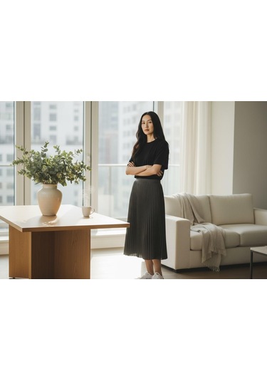 Pileli Pamuklu Dokuma Viskon Kışlık Etek 95 Cm - 38-48 Antrasit