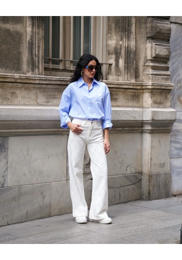 Kadın Beyaz Renk Palazzo Önü Starlight Parlak Taşlı Tasarım Denim Beyaz