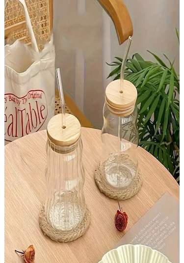 Bardak Kahve Kokteyl Sunum Bardağı 400ml 2li Sukabağı Latte Bardak Bambu Kapaklı İskandinav Cam Bambu