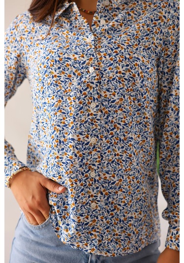 Kadın Çiçek Desenli Uzun Kollu Gömlek Rahat Kesim, Hafif Ve Nefes Alabilen Kumaş, Günlük Mavi