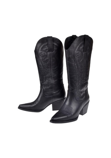 Pullman Hakiki Deri İşlemeli Western Kadın Çizme Plm-011 Siyah-siyah Siyah