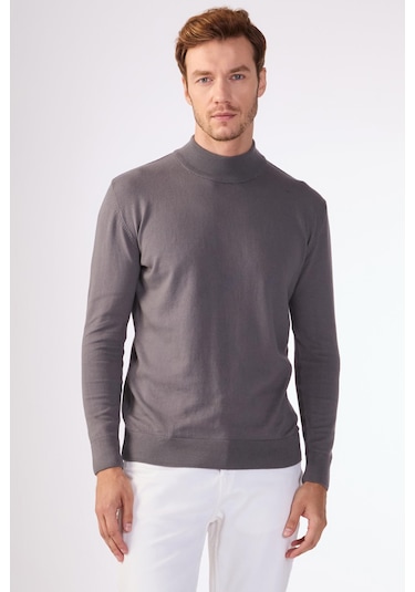 Dufy %100 Pamuk Düz Erkek Triko - Slim Fit Antrasit