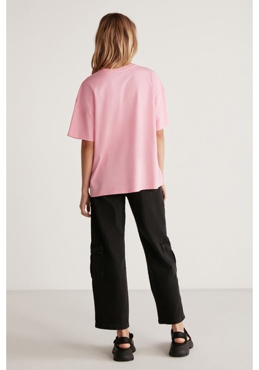 GRIMELANGE Jemmy Kadın %100 Organik Pamuk Relaxed Fit Yırtmaçlı Yuvarlak Yakalı Açık Pembe T-shirt Açık Pembe
